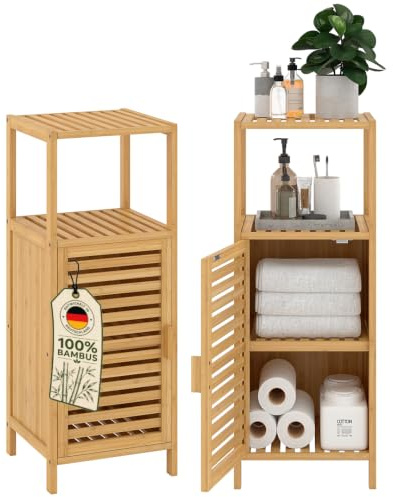 Bellamio Newa Badregal Bambus, 3 Fächer, 1 Tür, Holzoptik, 85 cm hoch | Badezimmerschrank lackiert, Bambusregal 85x33x33 cm, kleiner Badschrank, Standregal, Holzregal, Badmöbel, Saunamöbel
