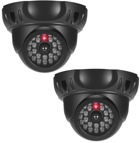 JIZZU 2 Stück Kamera Attrappe, CCTV Dummy Drehbar, Mit Blinkender Roter LED | Kamera Atrappe Außen, Sicherheits Dome Fake Camera, Wand oder Deckenmontage, Für Innen und Außenbereich, Schwarz