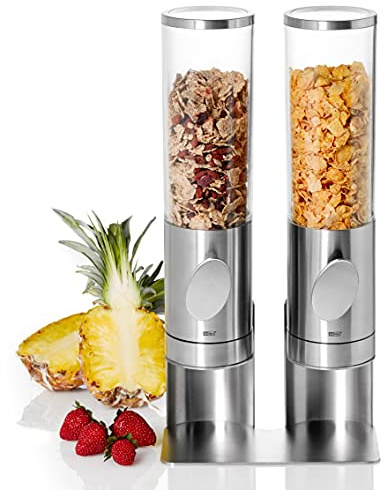 AdHoc Deposito 2er Cerealienspender Set mit Ständer aus Edelstahl | Für Müsli, Cornflakes, Reis und Nüsse, mit Aromaschutzkappe und krümelfreier Portionierung