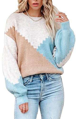 ANCAPELION Damen Grobstrick Pullover Casual Stricken Sweater Lange Ärmel Pulli Farbblock Sweatshirt Elegant Jumper Rundhals Lose Oberteile Herbst Winter Outwear für Frauen