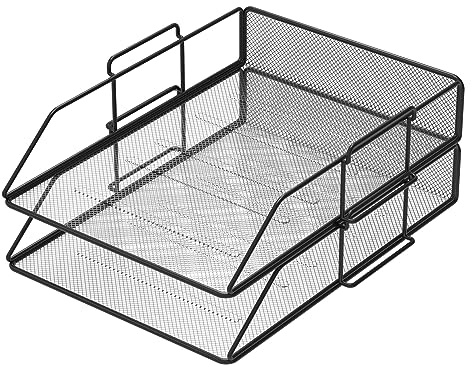 PORTENTUM 2 Stück Dokumentenablagen aus Metallgitter, A4-Format, Schwarz - Stapelbarer Schreibtisch-Organizer, Zeitschriftenhalter, Aktenordner und Ablagesystem für Dokumente, Post und Briefe