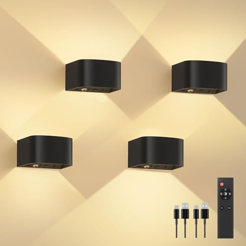 FULEN 4 Stück Akku Wandlampe Innen mit Bewegungssensor,Fernbedienung 3 Farben Wandlicht Up and Down Innen LED Wandleuchte 3 Modi Wiederaufladbare Batteriebetriebene Wandlampen Helligkeit Einstellbar