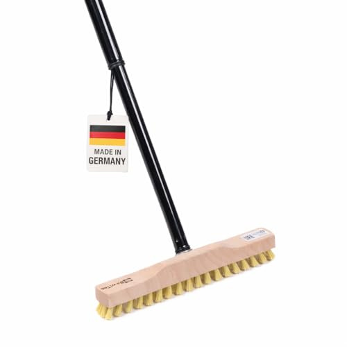 Rheinischer Wischer Kompakter Schrubber 28cm mit Teleskopstiel Stiel 130cm | Leichte und Schmale Form, MyprenFibre-Borsten, Metall-Telestiel stufenlos ausziehbar