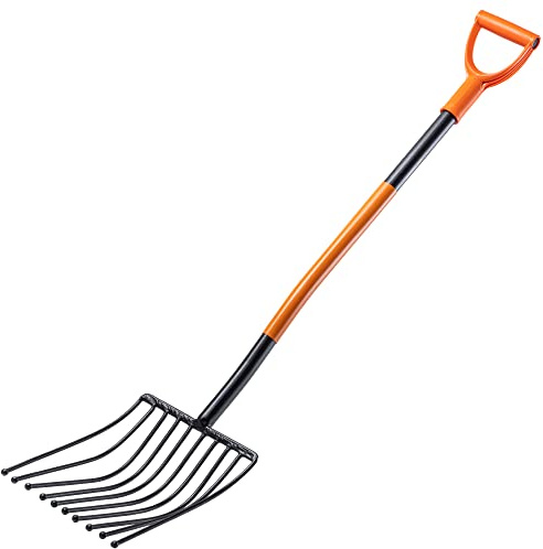KADAX Kartoffelgabel mit langem Stiel, Steingabel aus robustem Stahl, Forke mit D-Griff, Spatengabel, Heugabel, Mistgabel, Rübengabel, Heuforke, Gartengabel (10 Zinken, Schwarz/orange)