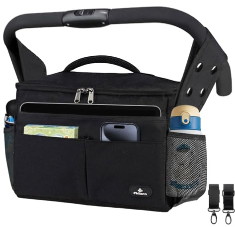 Philorn Kinderwagen Organizer mit Isolierte Getränkehalter, Universal Kinderwagentasche, Baby Große Wickeltasche Kinderwagen, Kinder Buggy Organizer mit Reißverschlusstasche, Schultergurt, Schwarz