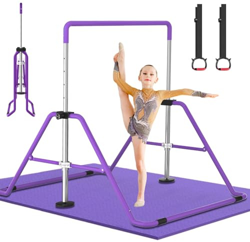 DOBESTS Gymnastikstange Kinder, Faltbarer Turnreck mit Rings und Matte Turnstange Indoor Reckstange Outdoor, Gymnastics Bars mit Verstellbarer Höhen