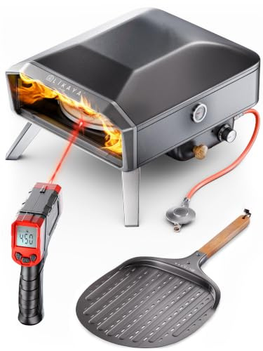LIKAYA NeroSpin Pizzaofen Gas – 6,2kW Outdoor Gas Pizzaofen 450°C - Gas Pizza Ofen Outdoor mit Pizzastein Drehteller, Pizzaschaufel, Tasche & Laser Thermometer – knusprige Pizza in nur 90 Sekunden!