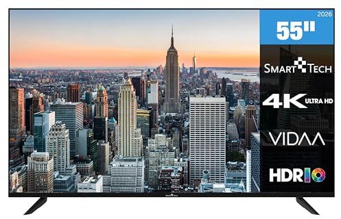Smart Tech 55QV02K QLED Fernseher 55 Zoll VIDAA Smart TV - 4K UHD mit HDR, Bluetooth und Triple-Tuner, 3X HDMI, 2X USB (2026)