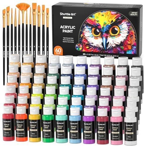 Shuttle Art 72 Stück Acrylfarben Set, 60 bunte Acryl Farben in Flaschen (je 60ml), hochpigmentiert, ungiftig, Acrylfarbe wasserfest für Künstler, Anfänger, Erwachsene auf Leinwand, Steine, Holz