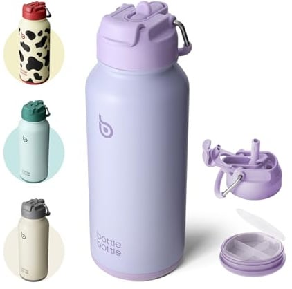 BOTTLE BOTTLE Edelstahl Trinkflasche 850ml Strohhalm&Pillenfach Sport Hellviolett