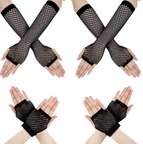 Bremorou 4 Paar Armstulpen Netz Schwarz Arm Fishnet Warmers Arm Sleeve Netz Netzhandschuhe Handschuhe für 80er Jahre Verkleidung Kostüm Party Lieferungen Cosplay Kostümzubehör