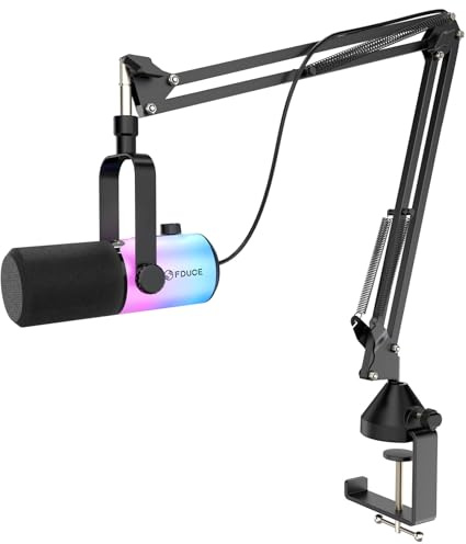FDUCE Dynamisches USB/XLR-Gaming-Mikrofon für Podcast-Aufnahmen, PC-Computer-Gaming-Streaming-Gesangsmikrofon mit RGB-Licht, Stummschalttaste, Gain-Regler, Kopfhöreranschluss, mit Galgenarm (D20+)