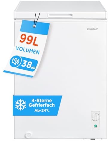 Comfee Gefriertruhe 99L, 4-Sterne-Gefrieren, Kühl-/Gefrier-Konvertierung (1–10°C /-24––12°C), Leise 38dB, 24‑h‑Schnellgefrierung 4,5 kg, Inverter-Kompressor, 169 kWh pro Jahr, für Küche & Garage