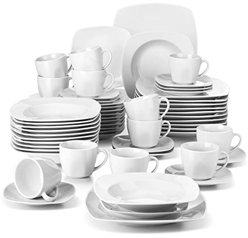 MALACASA Julia Geschirrset 12 Personen, 60-tlg Porzellan Geschirr Set, Tafelservice mit je 12 Speiseteller, Dessertteller, Suppenteller, Kaffeetassen und Untertassen, Tafelservice 12 Personen