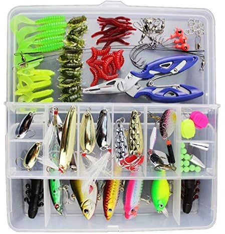 Vicloon 120 PCS Angeln Köder gemischt einschließlich Spinner, VIB, Höhenhaken, Einzelhaken, Drehgelenke, Zangen, Führer, etc. für Süßwasser-Salzwasser-Fischen