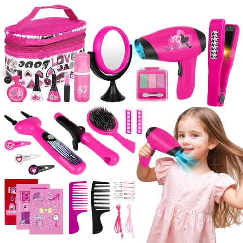 deAO Friseur Set Kinder Schminkkoffer, 35-teiliges Rollenspiel Spielzeug | Friseurkoffer mit Haartrockner, Lockenstab & Zubehör - Kreatives Geschenk zum Geburtstag für Mädchen ab 3 4 5 6 7 Jahr