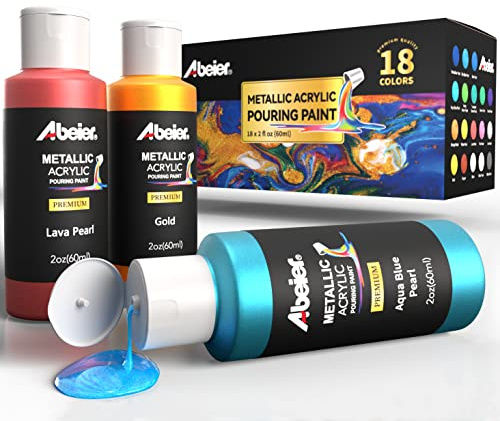 ABEIER Metallic Pouring Acrylfarbe, Set mit 18 Perlen Farben(60 ml) | vorgemischte Gießfarbe mit hohem Durchfluss, Farbe zum Gießen auf Leinwand, Glas, Papier, Holz, Fliesen, Steine und mehr