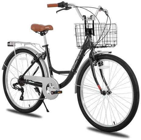 Hiland 26 Zoll Cityräder für Erwachsene, Step-Through Rahmen Damenfahrrad mit Gepäckträger, Herren und Damen 7 Gang-Schaltung Hollandfahrrad Citybike, City-Pendlerfahrrad für Männer