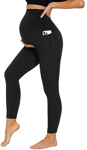 DDOBB Damen Umstandsleggings mit Taschen Schwangerschaftsleggings High Waist Umstandshose Blickdichte Weich Elastisch Umstandsmode Zuhause Yoga Sport(schwarz, L)