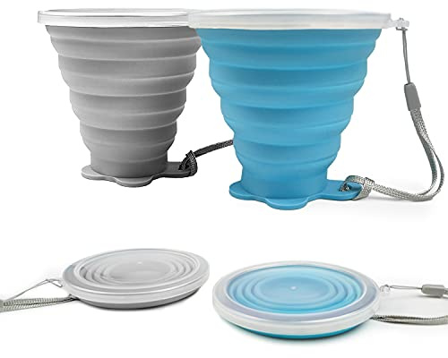 ddLUCK Silikon Faltbare Becher mit Kunststoff Deckel, Bpa-Frei Faltbecher,Wiederverwendbar Faltbarer Becher FüR Outdoor Camping Picknick Wandern Reisen(2 Stück)