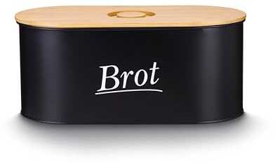 Nouvu Brotkasten aus Metall mit multifunktionalem Bambusdeckel & Luftlöchern - Brotbox Schwarz für lange Frische von Brot & Brötchen - 36x17,6x15,5 cm