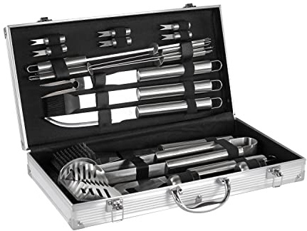 Mastercook – Professionelles Grillzubehör-Set aus Stahl mit Koffer, Zubehör-Set BBQ mit Zange, Gabeln, Spachtel und Bürsten, Koffer für Grillwerkzeuge