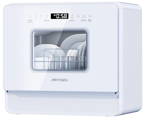 AIRMSEN Tischgeschirrspüler Mini Geschirrspüler mit Weichwasseranlage, 7+2 Programmen & 5L Wassertank, Kompakte Spülmaschine mit/ohne Wasseranschluss, Ideal für Wohnungen Wohnmobil Weiß