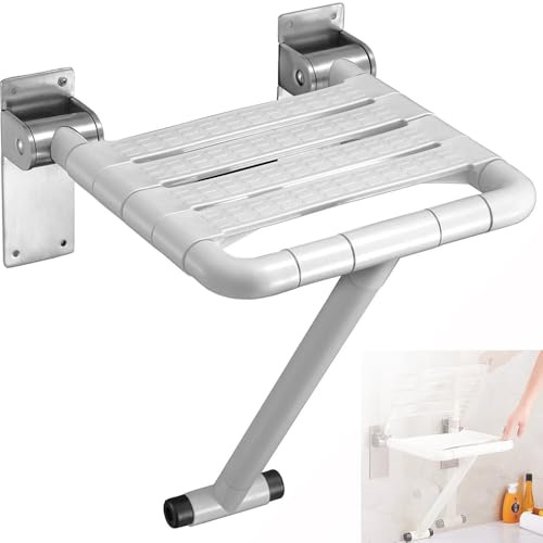 Duschklappsitz für Wandmontage,Duschsitz Klappbar Wandmontage,Duschsitz Klappbar Wandmontage,bis 300KG Duschhocker,zusammenklappbar,Platzsparend,Mit leuchtendem Ring für Senioren und Behinderte,Weiß