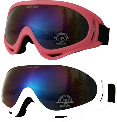 OUTDOORSPARTA 2-Packung Skibrille, Snowboard Brille für Männer, Frauen, Jugend, Kinder, Jungen oder Mädchen (4. Rosa Rahmen, Mehrfache Farblinse; Weißer Rahmen, Mehrfarbige Linse)