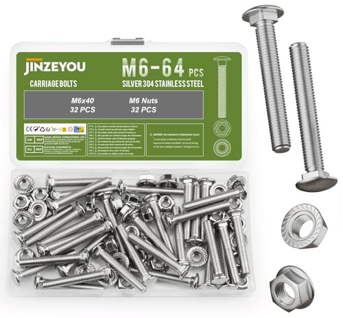 64 Stück Schlossschrauben M6 x 40mm, Edelstahl Torbandschrauben mit Sechskant Flanschmuttern, Flachrundkopfschrauben mit Vierkantansatz, Flachrundkopf Schloßschrauben mit Muttern Set(M6)