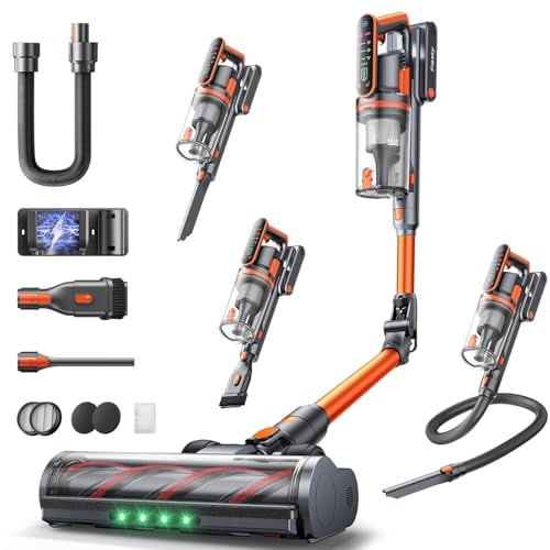 Fieety Akku Staubsauger,600W/50kPa/65Min Staubsauger Kabellos mit Wandmontierte Ladestation, Aromatherapie, Automatikmodus, Flexibles Biegegelenk, 1M Schlauch für Hartböden Teppiche Tierhaare Auto