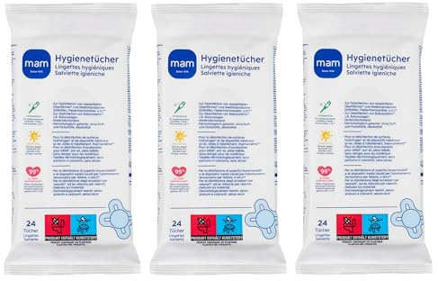 MAM Hygienetücher im 3er Pack (3x 24 Stück), Reinigungstücher für Medizinprodukte und Babyzubehör, Hygienetücher wirksam gegen Bakterien und Viren
