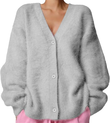 MAOAEAD Luxuriöse Kaschmir-Cardigan, einfarbig, flauschiger Strickpullover, Cardigan, V-Ausschnitt, vorne offen, stilvoll, weich