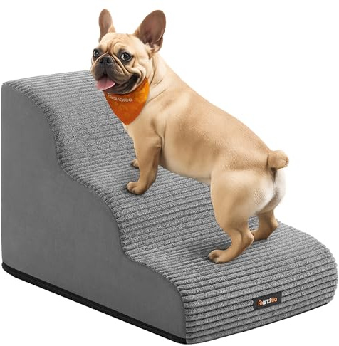 Feandrea Hundetreppe, 3 Stufen, Haustiertreppe, für kleine Hunde, Bett, Sofa, wasserdichte Katzentreppe, rutschfest, gringe Neigung, Abnehmbarer waschbarer Bezug, Griff, Taubengrau PPS003G01