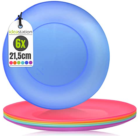 idea-station NEO Plastikteller bunt - 6 Stück - 21.5 cm - Kinderteller | BPA-frei + Mehrweg + Bruchsicher - Kunststoffteller im 6er Set - bunte Teller aus Plastik sind perfekt für Kinder und Camping