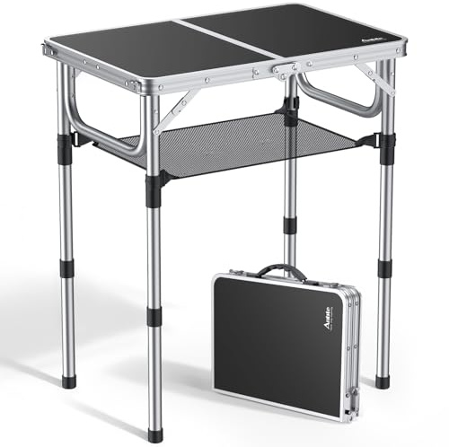 Anbte Campingtisch Klapptisch 60x40cm Aluminium Rahmen mit 3 Höhen Verstellbar 26/48/70cm Picknicktisch mit Aufbewahrungsnetz Tragbar Multifunktionstisch für Camping Strand Balkon (Schwarz)
