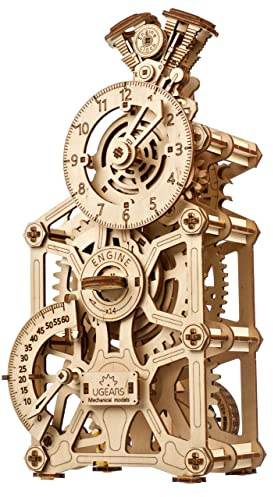 Ugears Motoren-Uhr Holzpuzzle Erwachsene 3D - Mechanischer Uhrenbausatz | Holzuhr mit Pendel, beweglichen Kolben und Zündschlüssel, läuft ohne Batterie, Modellbausatz Technik, Geschenk für Männer