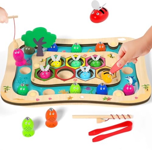 Montessori Spielzeug ab 3 Jahre, 2 in 1 Holz Magnetische Angelspiel | Geschenk Für Junge Und Mädchen Lernspielzeug Kinderspiele ab 2 3 4Jahre Holzspielzeug Für Kinder