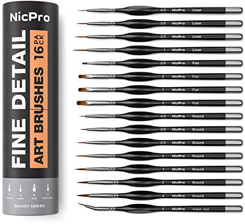 Nicpro 16 Stück Feine Detail Pinsel, Pinselset für Professionelle Künstler, Dünne Pinsel für Acryl, Aquarell, Öl, Malen nach Zahlen, Miniatur Modell, Nageldesign, Detailmalereien mit Halter Tasche