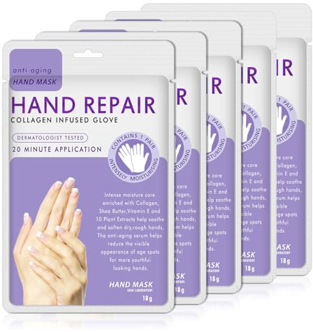Handmaske, 5 Paar Feuchtigkeitshandschuhe Infundiertes Kollagen, Serum, Vitamine, natürliche Pflanzenextrakte für trockene, rissige Hände, Bleaching und Anti-Aging, Reparatur rauer Haut