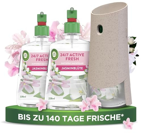 Air Wick Active Fresh – Starter Set – Aeorosolfreier, automatischer Lufterfrischer – Raumduft Jasminblüte – 2 x 228 ml Nachfüller + Gerät
