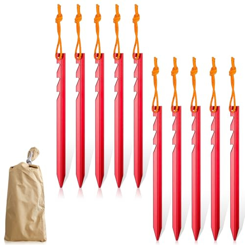 10 Stück Zeltheringe, Ultralight Heavy Duty Aluminium Legierung Zelt Heringe mit Reflektierende Seil Erdnägel Häringe Stabil für Harten Boden Garten Wiesen Gras