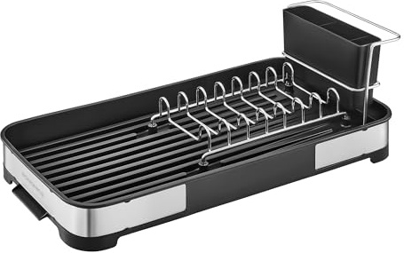 SONGMICS Abtropfgestell klein, Geschirr-Abtropfgestell für Spüle, Abtropfständer, Abtropfgitter Edelstahl, Abtropfschale, Besteckhalter, Tassenhalter rostfrei, für Geschirr, silbern-schwarz KCS034B01