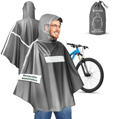freemind Fahrrad Regenponcho aus receceltem Material - Fahrradponcho für Damen & Herren wasserdicht, winddicht, atmungsaktiv - Unisex Regencape mit Reflektor - grau, Größe L/XL