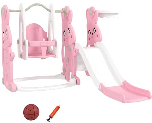 AIYAPLAY Kinderrutsche und Schaukel 4 in 1, Kleinkinderspielplatz mit Klettergerüst, Basketballkorb, Rutsche, Schaukel, Hasenmotiv, für drinnen und draußen, 1,5 bis 4 Jahre, rosa