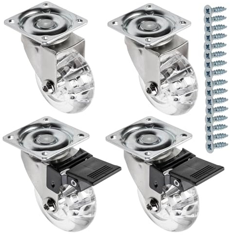 GTV - Möbelrollen BRAZIL, Lenkrollen, 4 Stück set Rollen für Möbel: 2x Rollen mit Bremse, 2x ohne Bremse, aus Stahl und Gummi, +16 konische Schrauben 4x17, Durchmesser: 50 mm, Farbe: Transparent