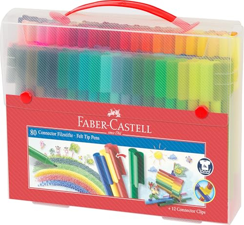 FABER-CASTELL - Filzstifte Set Connector Koffer, 91-teilig | 80 Filzstifte und 12 Clips, auswaschbare Filzstifte zum Zusammenstecken für unbegrenzte Kreativität