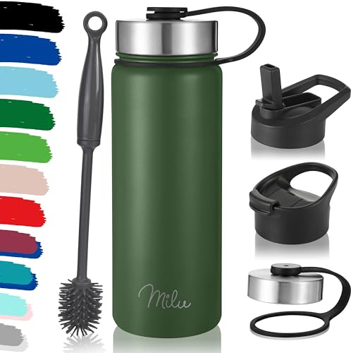 Milu Edelstahl Trinkflasche 500ml, 750ml, 1000ml (+3 Deckel) - Thermosflasche mit Strohhalm, Isolierte Wasserflasche, Auslaufsichere Isolierflasche doppelwandig, Kohlensäure geeignet (Olivgrün, 500ml)