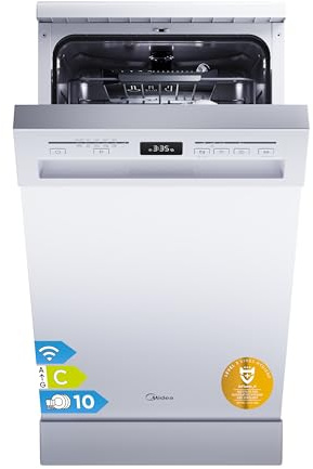 Midea SF 5.45NW10C Geschirrspüler 45cm Freistehend & Unterbaufähig, 10 Maßgedecke, 7 Programme, Spülmaschine 45 cm mit WIFI, 44 db, Startverzögerung, Automatische Türöffnung, 63 kWh/100 Zyklen, Weiß