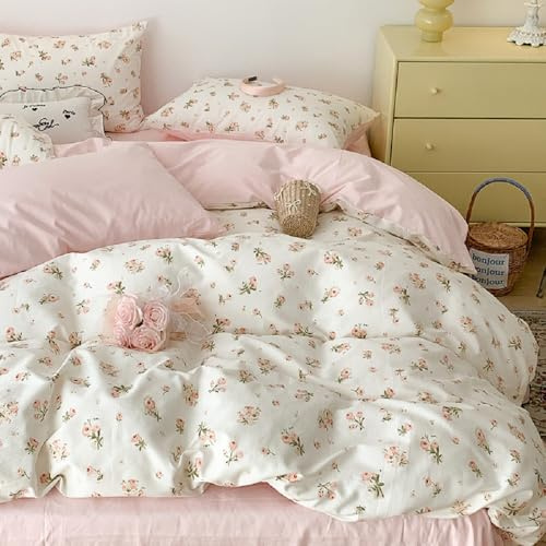 Lanqinglv Bettwäsche 135x200 4teilig Rosa Weiß Blumen Blätter Wende Bettwäsche für Allergiker,Aesthetic Bettwäsche Set ÖKO-TEX Bettbezug mit Reißverschluss und 2 Kissenbezug 80x80 cm